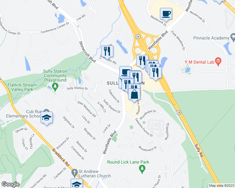 map of restaurants, bars, coffee shops, grocery stores, and more near 5110 Woodford Drive in Centreville