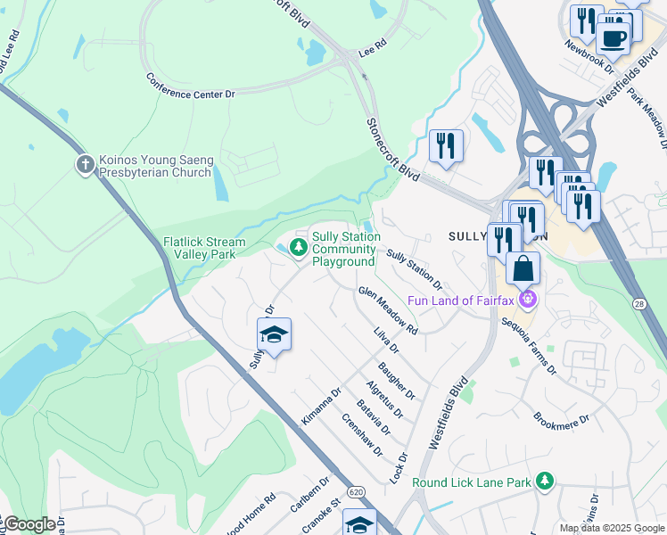 map of restaurants, bars, coffee shops, grocery stores, and more near 5268 Glen Meadow Road in Centreville