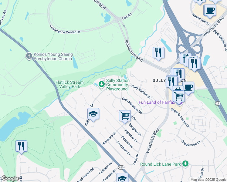 map of restaurants, bars, coffee shops, grocery stores, and more near 5268 Glen Meadow Road in Centreville