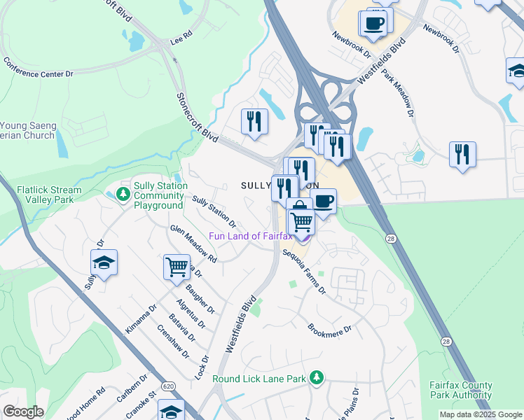 map of restaurants, bars, coffee shops, grocery stores, and more near 5110 Woodford Drive in Centreville