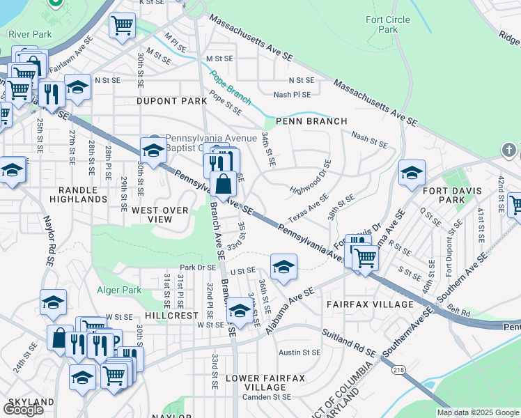 map of restaurants, bars, coffee shops, grocery stores, and more near 1735 33rd Place Southeast in Washington
