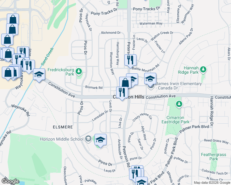map of restaurants, bars, coffee shops, grocery stores, and more near 2516 Malpaso Point in Colorado Springs