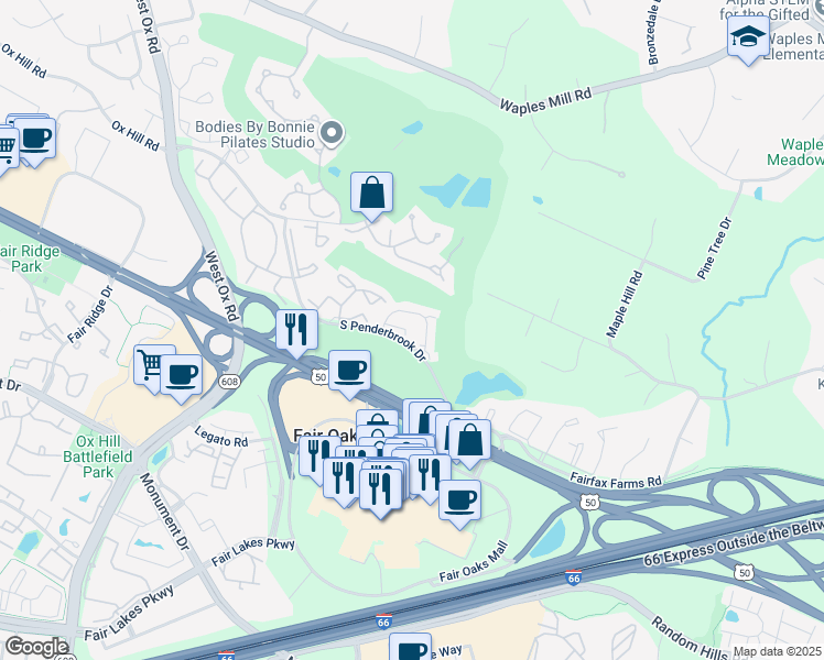 map of restaurants, bars, coffee shops, grocery stores, and more near 11908 Inverness Court in Fairfax