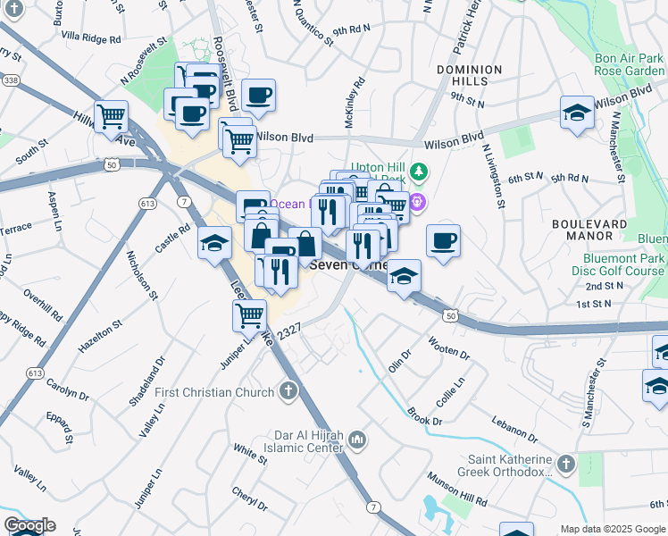 map of restaurants, bars, coffee shops, grocery stores, and more near 6169 Arlington Boulevard in Falls Church