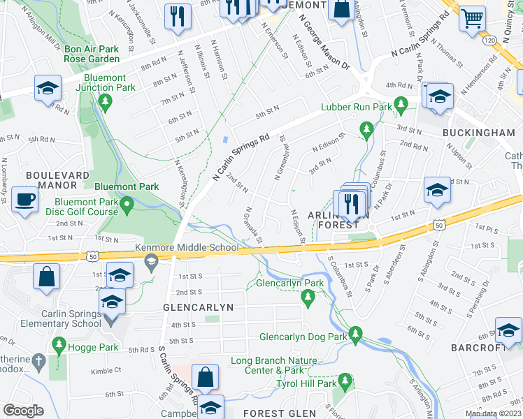 map of restaurants, bars, coffee shops, grocery stores, and more near 104 North Greenbrier Street in Arlington