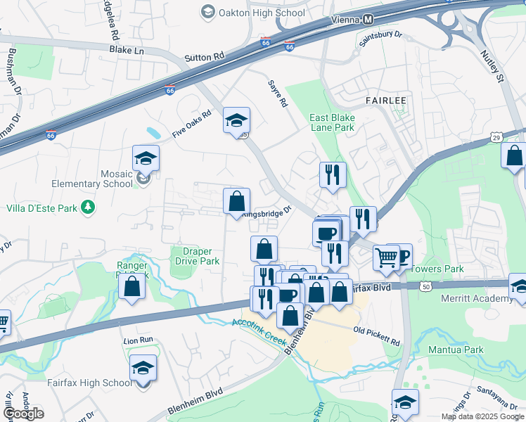 map of restaurants, bars, coffee shops, grocery stores, and more near 9631 Nonquitt Drive in Fairfax