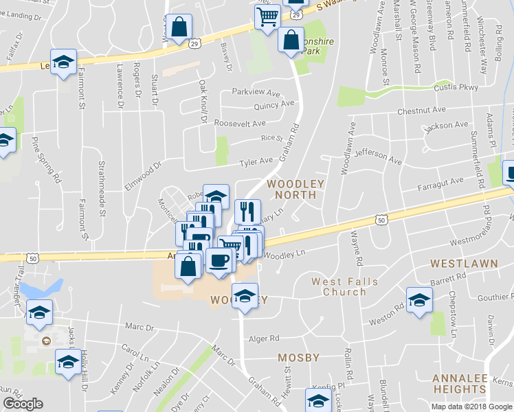 map of restaurants, bars, coffee shops, grocery stores, and more near 3021 Jonothan Place in Falls Church