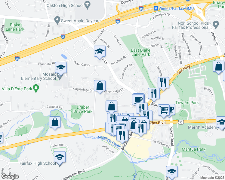 map of restaurants, bars, coffee shops, grocery stores, and more near 9627 Nonquitt Drive in Fairfax