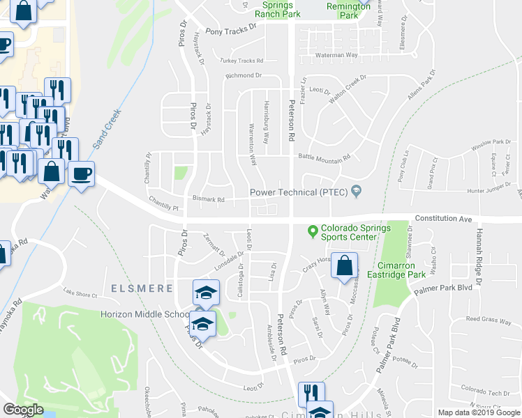 map of restaurants, bars, coffee shops, grocery stores, and more near 2516 Malpaso Point in Colorado Springs