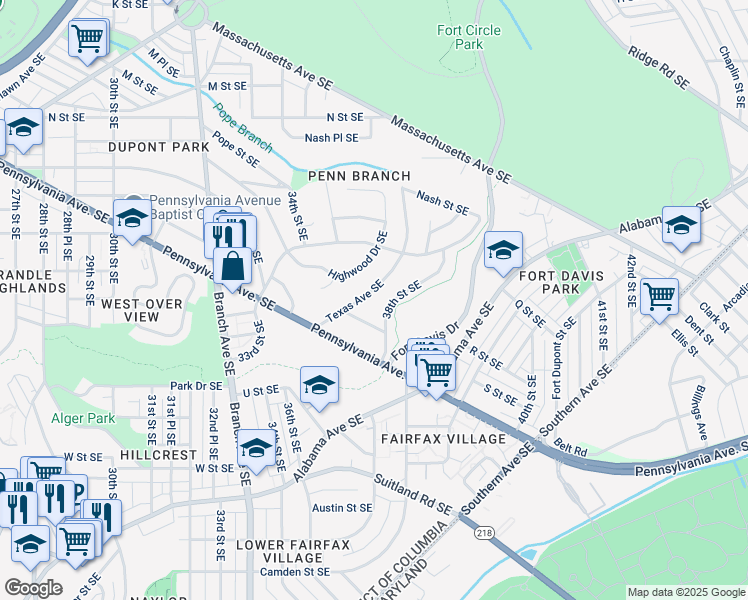 map of restaurants, bars, coffee shops, grocery stores, and more near 3525 Texas Avenue Southeast in Washington