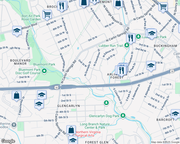 map of restaurants, bars, coffee shops, grocery stores, and more near 104 North Greenbrier Street in Arlington