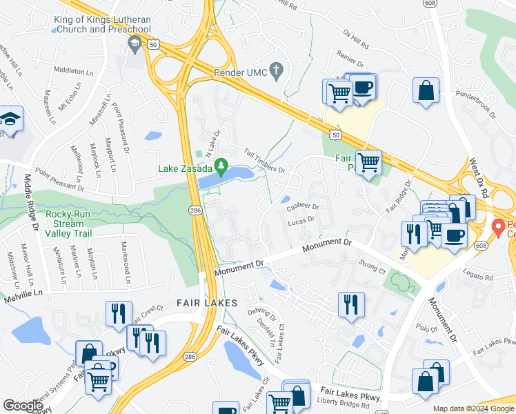 map of restaurants, bars, coffee shops, grocery stores, and more near 4135 Brickell Drive in Fairfax