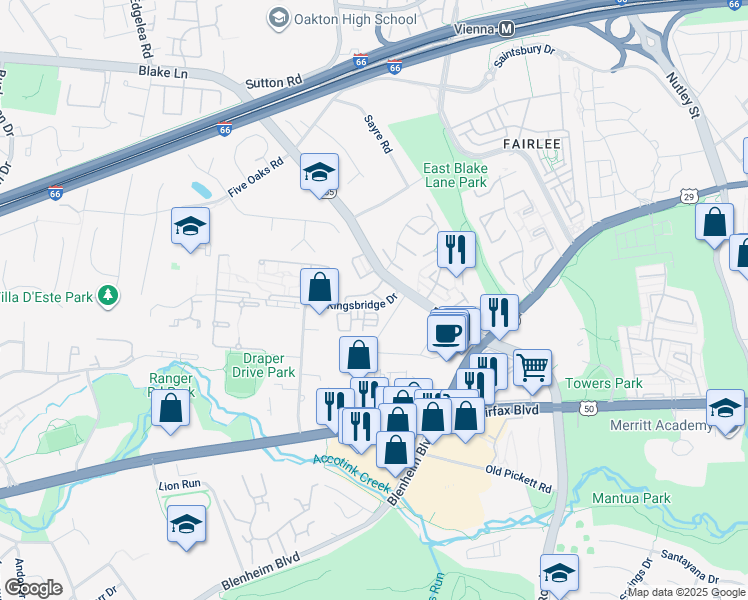 map of restaurants, bars, coffee shops, grocery stores, and more near 9613 Nonquitt Drive in Fairfax