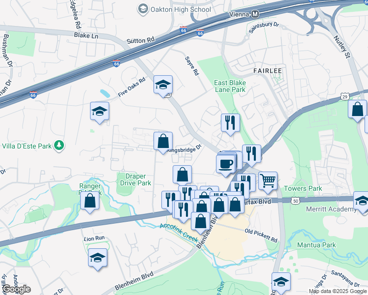 map of restaurants, bars, coffee shops, grocery stores, and more near 9627 Nonquitt Drive in Fairfax