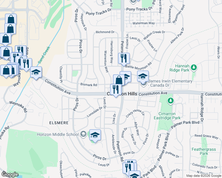 map of restaurants, bars, coffee shops, grocery stores, and more near 2516 Malpaso Point in Colorado Springs
