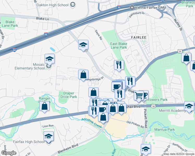 map of restaurants, bars, coffee shops, grocery stores, and more near 9613 Nonquitt Drive in Fairfax