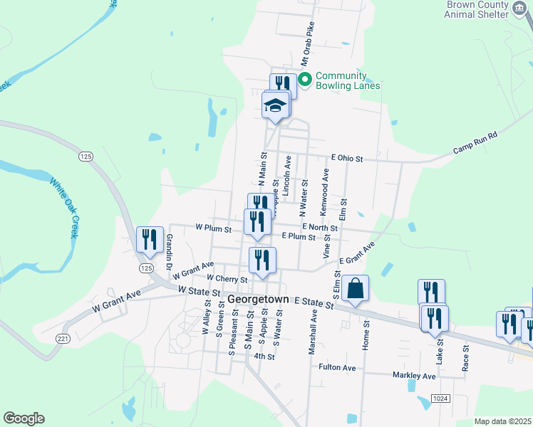 map of restaurants, bars, coffee shops, grocery stores, and more near 108 East North Street in Georgetown