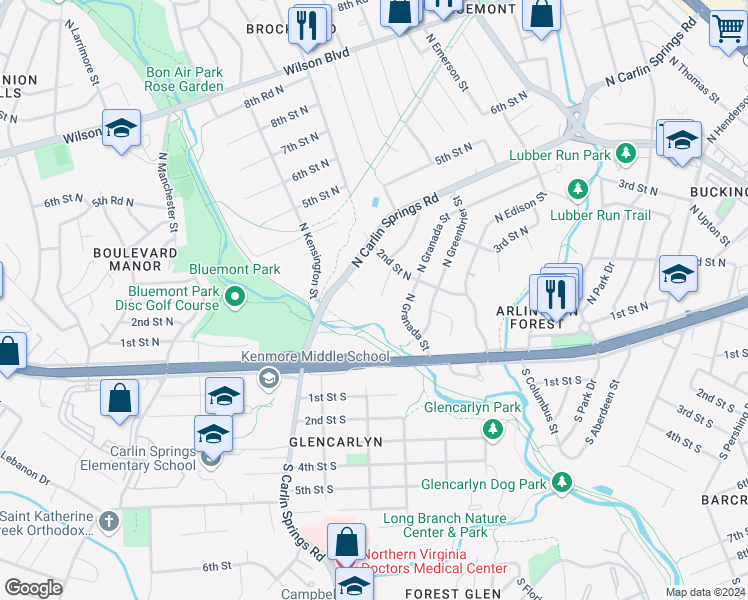 map of restaurants, bars, coffee shops, grocery stores, and more near 104 North Galveston Street in Arlington