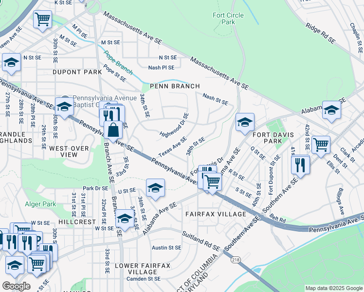 map of restaurants, bars, coffee shops, grocery stores, and more near 3525 Texas Avenue Southeast in Washington
