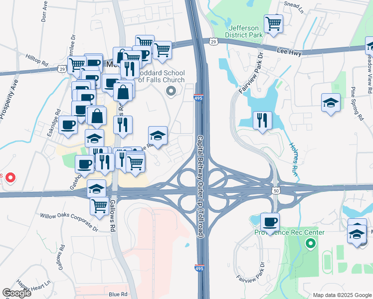 map of restaurants, bars, coffee shops, grocery stores, and more near 3009 Nicosh Circle in Falls Church