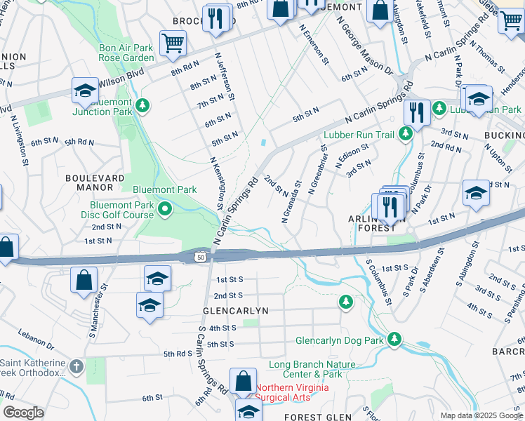 map of restaurants, bars, coffee shops, grocery stores, and more near 104 North Galveston Street in Arlington