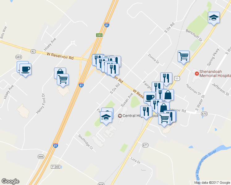 map of restaurants, bars, coffee shops, grocery stores, and more near Robyns Way in Woodstock