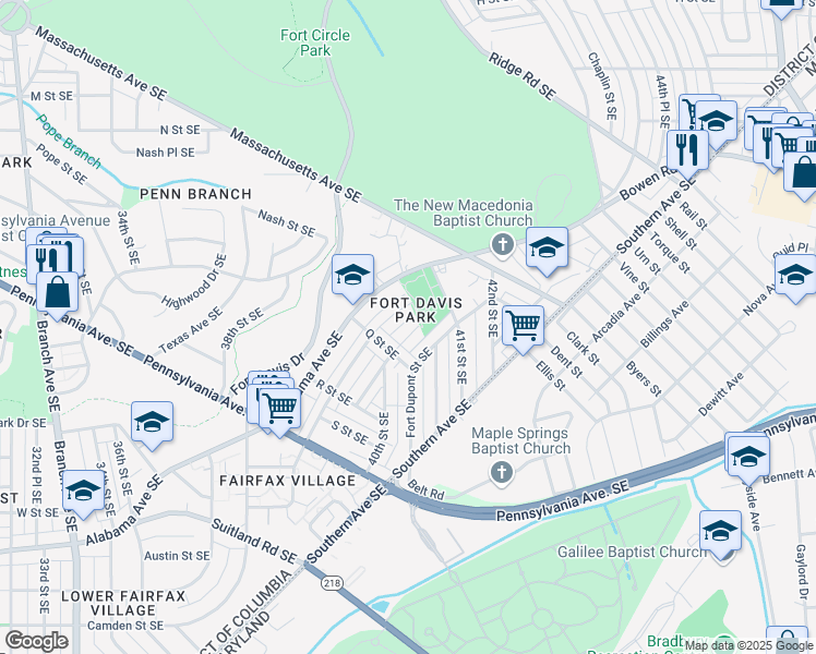 map of restaurants, bars, coffee shops, grocery stores, and more near 1511 Fort Davis Place Southeast in Washington
