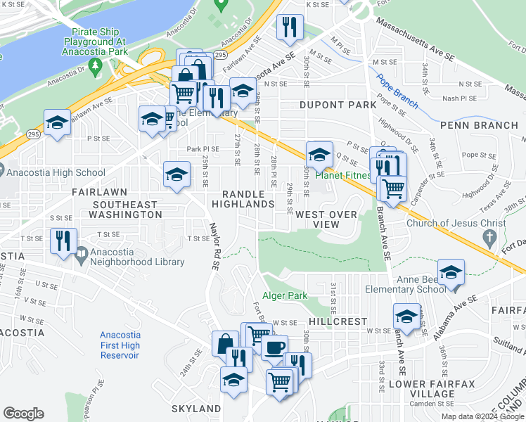 map of restaurants, bars, coffee shops, grocery stores, and more near 1722 28th Street Southeast in Washington