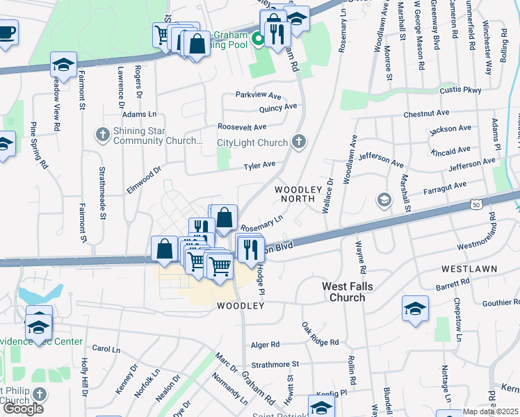 map of restaurants, bars, coffee shops, grocery stores, and more near 3021 Jonothan Place in Falls Church
