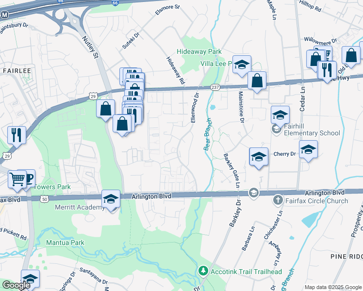 map of restaurants, bars, coffee shops, grocery stores, and more near 3025 Ellenwood Drive in Fairfax