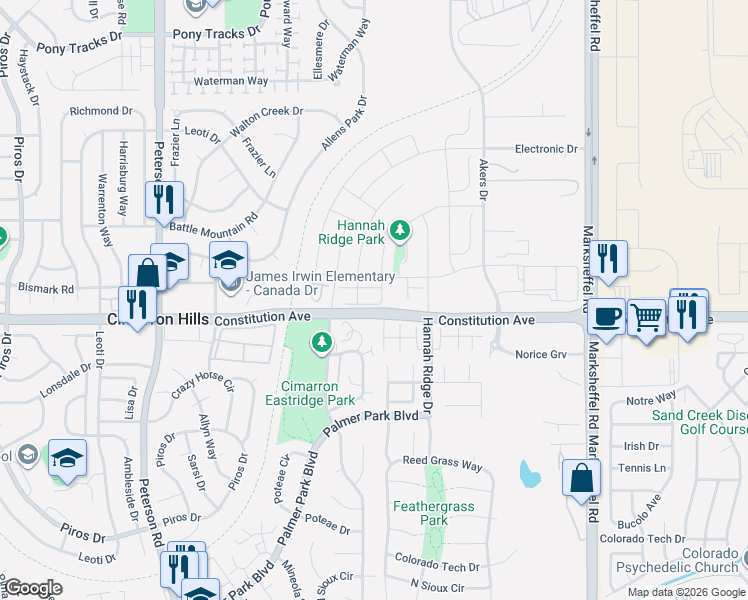 map of restaurants, bars, coffee shops, grocery stores, and more near 2437 Cherokee Park Place in Colorado Springs