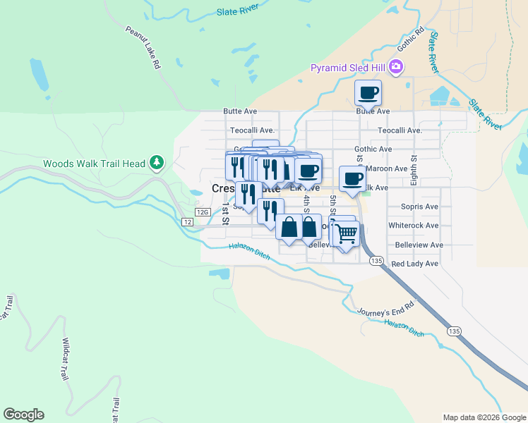 map of restaurants, bars, coffee shops, grocery stores, and more near 517 2nd Street in Crested Butte