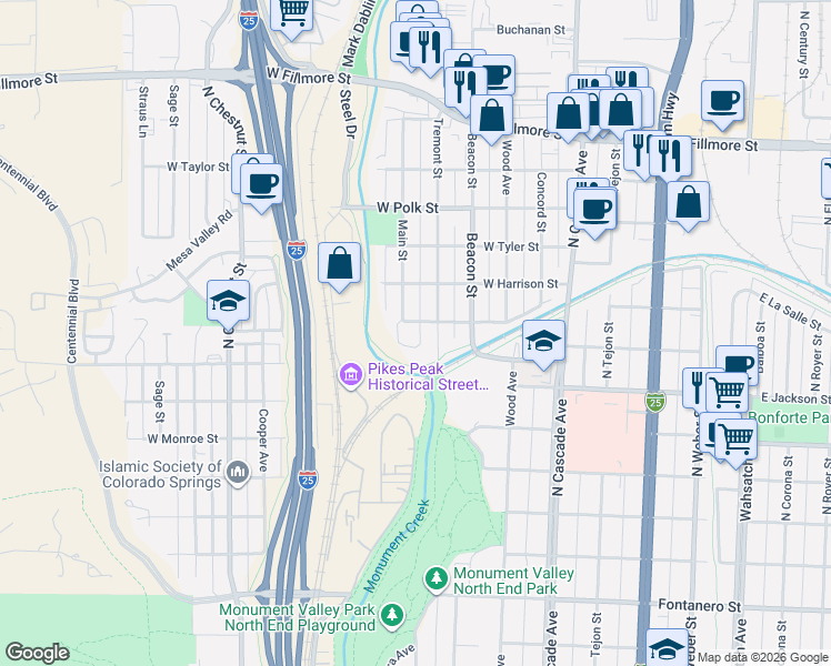 map of restaurants, bars, coffee shops, grocery stores, and more near 465 West Van Buren Street in Colorado Springs