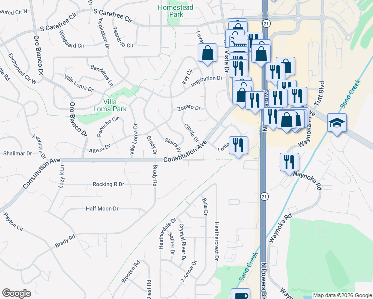 map of restaurants, bars, coffee shops, grocery stores, and more near 5427 Constitution Court in Colorado Springs