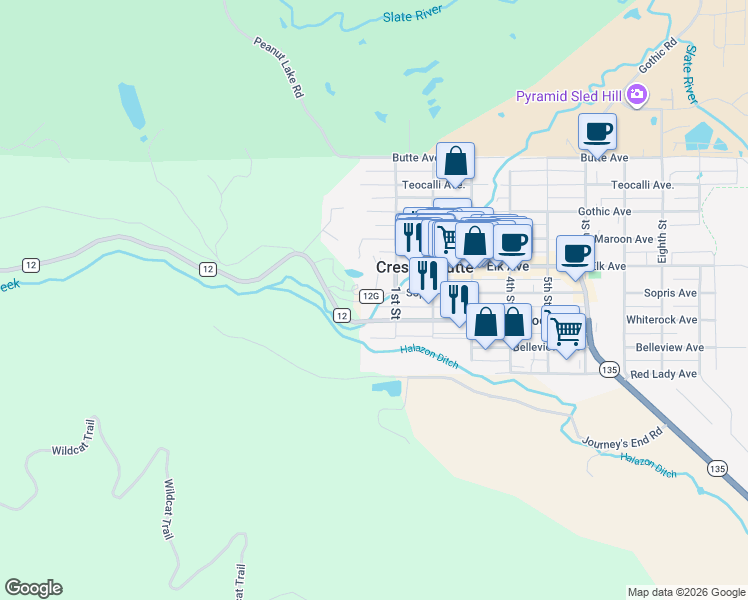 map of restaurants, bars, coffee shops, grocery stores, and more near 5 Beckwith Avenue in Crested Butte