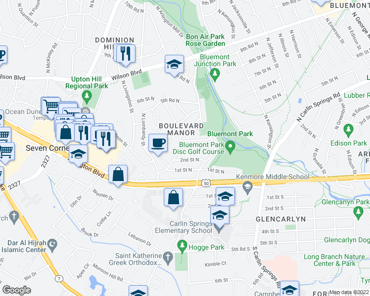 map of restaurants, bars, coffee shops, grocery stores, and more near 5943 3rd Street North in Arlington