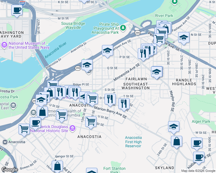 map of restaurants, bars, coffee shops, grocery stores, and more near 101 Independence Avenue Southeast in Washington