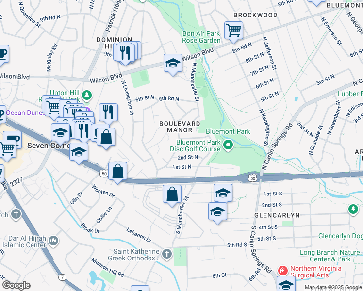 map of restaurants, bars, coffee shops, grocery stores, and more near 5947 3rd Street North in Arlington