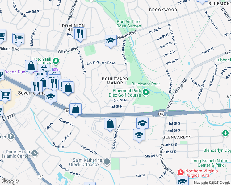map of restaurants, bars, coffee shops, grocery stores, and more near 5947 3rd Street North in Arlington