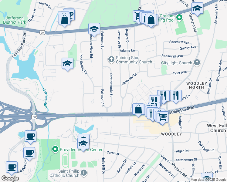 map of restaurants, bars, coffee shops, grocery stores, and more near 3005 Strathmeade Street in Falls Church