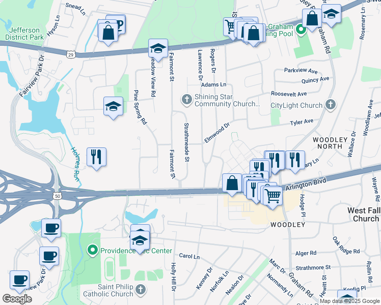 map of restaurants, bars, coffee shops, grocery stores, and more near 3005 Strathmeade Street in Falls Church