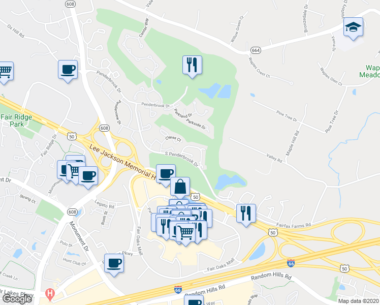 map of restaurants, bars, coffee shops, grocery stores, and more near 11916 Inverness Court in Fairfax