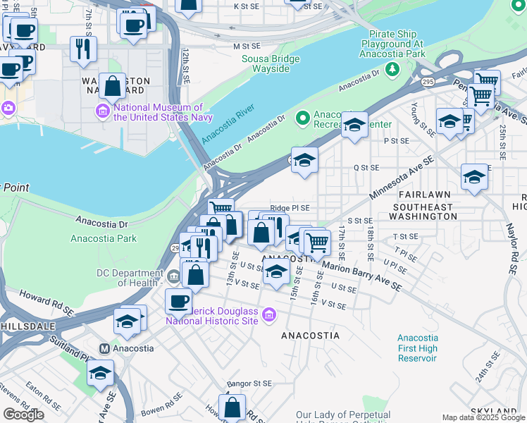 map of restaurants, bars, coffee shops, grocery stores, and more near 1349 Ridge Place Southeast in Washington