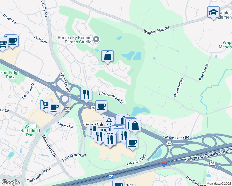 map of restaurants, bars, coffee shops, grocery stores, and more near 11916 Inverness Court in Fairfax