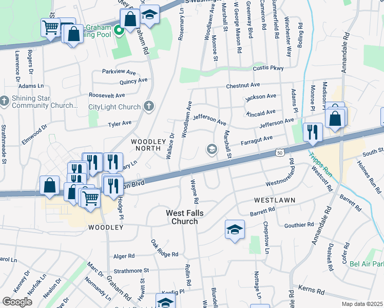 map of restaurants, bars, coffee shops, grocery stores, and more near 7010 Aronow Drive in Falls Church