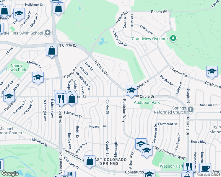 map of restaurants, bars, coffee shops, grocery stores, and more near 2210 East Van Buren Street in Colorado Springs