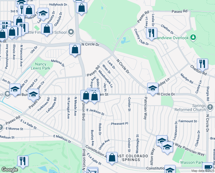map of restaurants, bars, coffee shops, grocery stores, and more near 2504 Meadowlark Lane in Colorado Springs