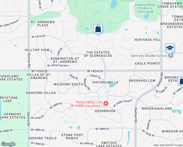 map of restaurants, bars, coffee shops, grocery stores, and more near 14318 Reeder in Overland Park