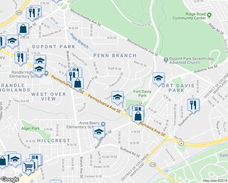 map of restaurants, bars, coffee shops, grocery stores, and more near 3508 Texas Avenue Southeast in Washington