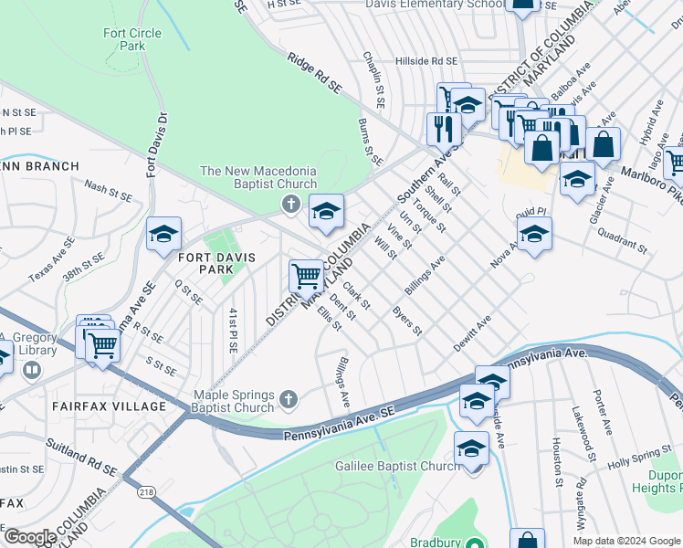 map of restaurants, bars, coffee shops, grocery stores, and more near 4245 Southern Avenue Southeast in Capitol Heights